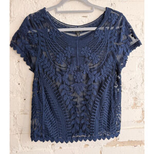 Express Navy Blue Lace Floral Sheer Blouse Top Womens Small Boho Chic